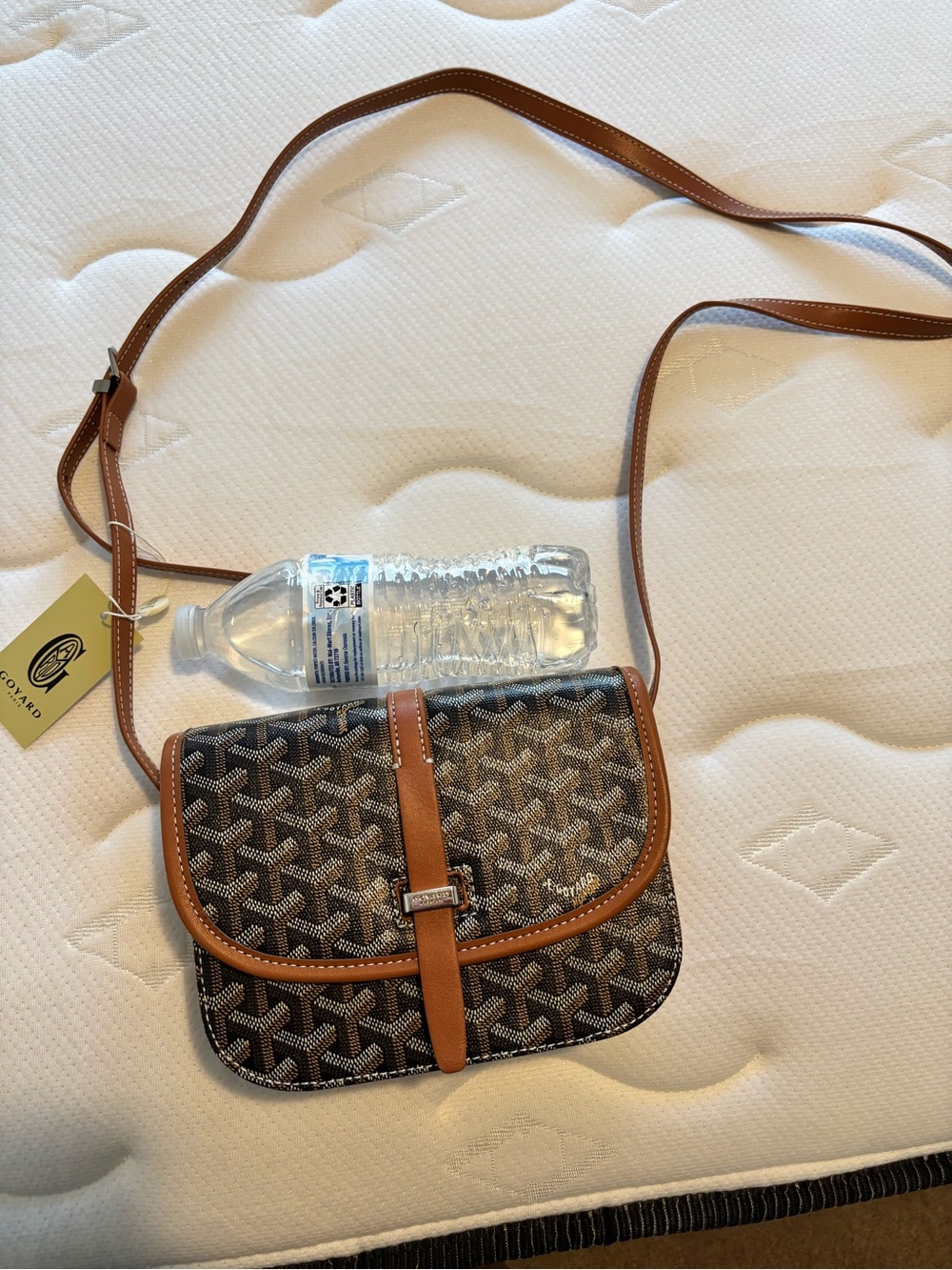 Brown Patterned Crossbody Bag with Tan Trim